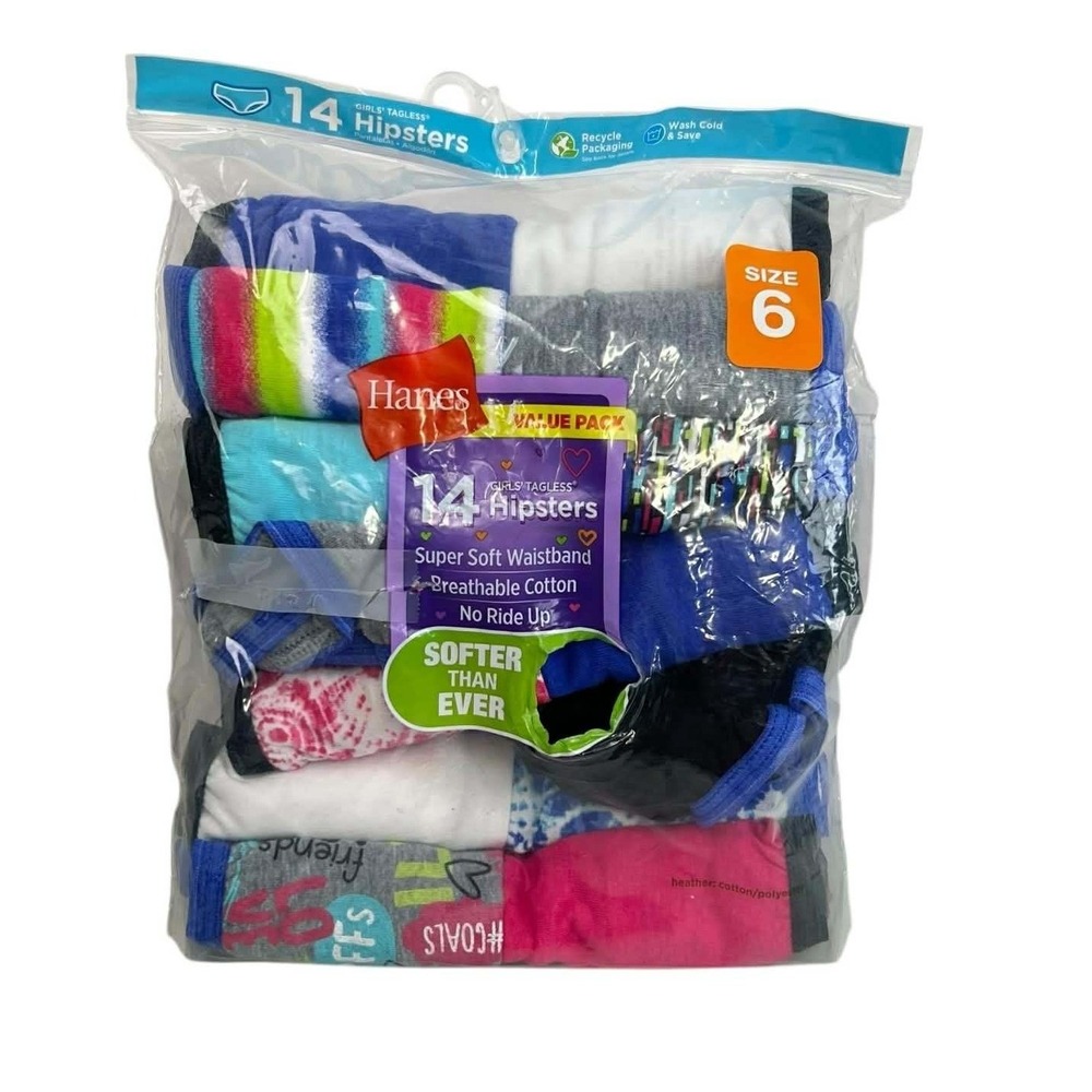 Hanes Girls 14 Pack Hipsters Size 6‎ Cotton  Super Soft Waistband No Ride Up
